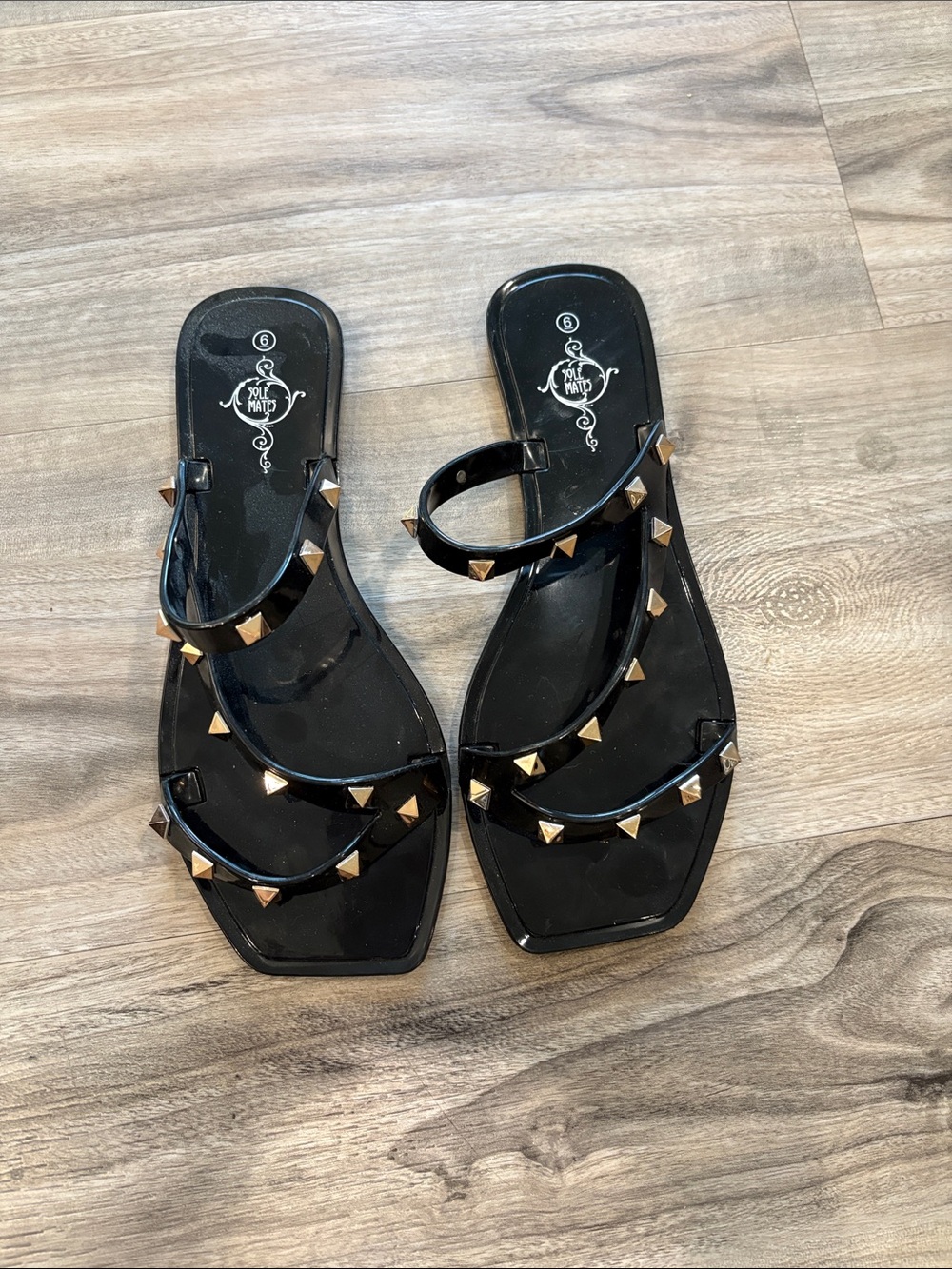 Black Studded Slide Sandals with Gold Pyramid Accents